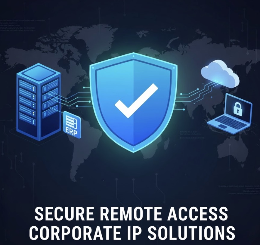 고정아이피.net 기업 서버와 원격 접속을 상징하는 보안 이미지